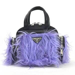 Prada handbag shoulder triangular logo plate cargo faux fur top handle leather